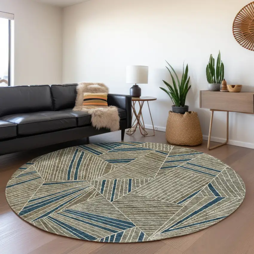 8' Taupe Blue And Beige Round Geometric Washable Indoor Outdoor Area Rug Photo 8