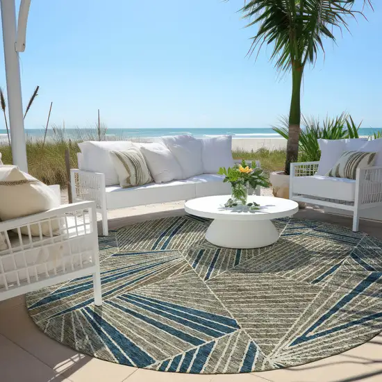 8' Taupe Blue And Beige Round Geometric Washable Indoor Outdoor Area Rug Photo 7
