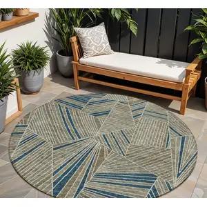 Photo of 8' Taupe Blue And Beige Round Geometric Washable Indoor Outdoor Area Rug