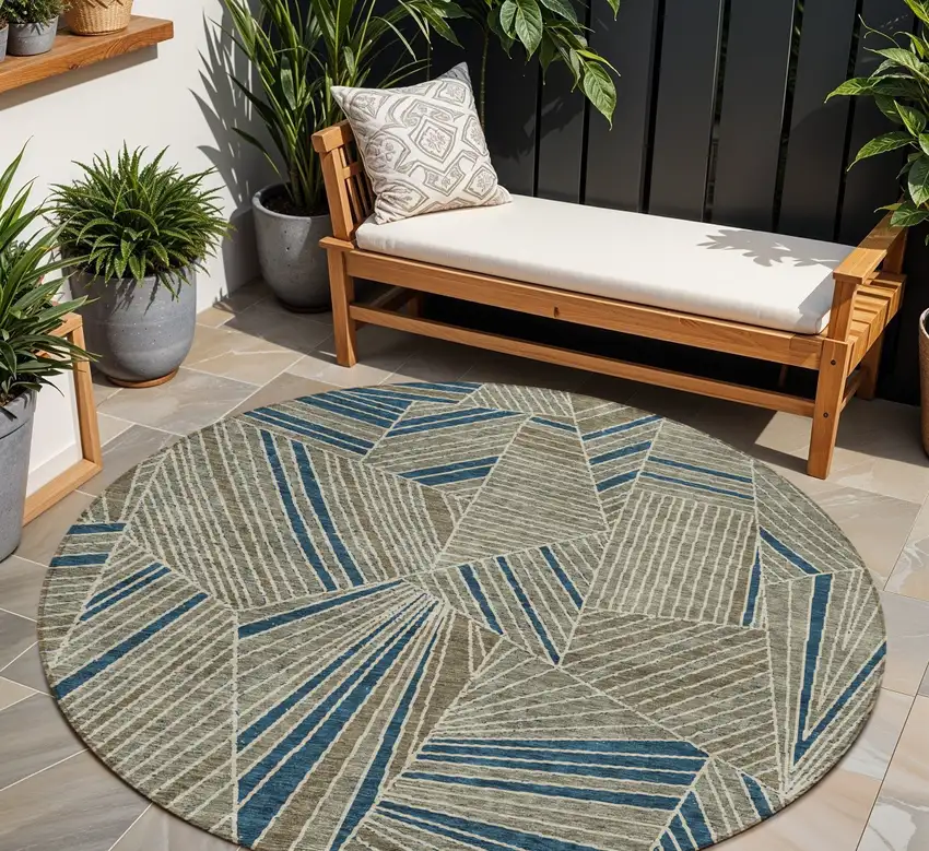 8' Taupe Blue And Beige Round Geometric Washable Indoor Outdoor Area Rug Photo 1