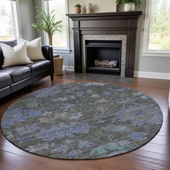 8' Taupe Blue And Brown Floral Washable Round Rug With UV Protection Photo 4