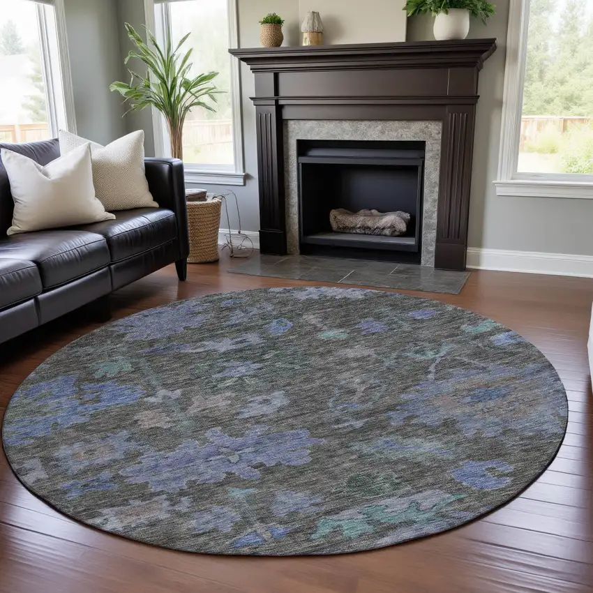 8' Taupe Blue And Brown Floral Washable Round Rug With UV Protection Photo 4