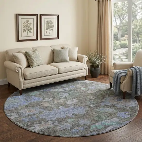 8' Taupe Blue And Brown Floral Washable Round Rug With UV Protection Photo 1