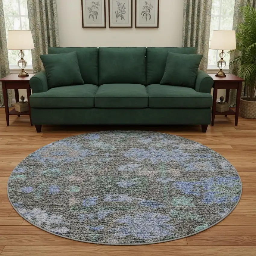 8' Taupe Blue And Brown Floral Washable Round Rug With UV Protection Photo 2