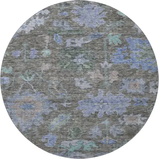 8' Taupe Blue And Brown Floral Washable Round Rug With UV Protection Photo 3