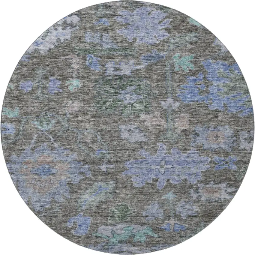 8' Taupe Blue And Brown Floral Washable Round Rug With UV Protection Photo 3