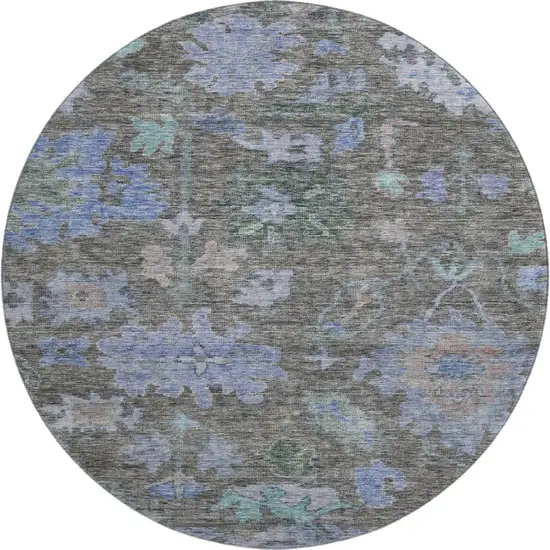 8' Taupe Blue And Brown Floral Washable Round Rug With UV Protection Photo 1
