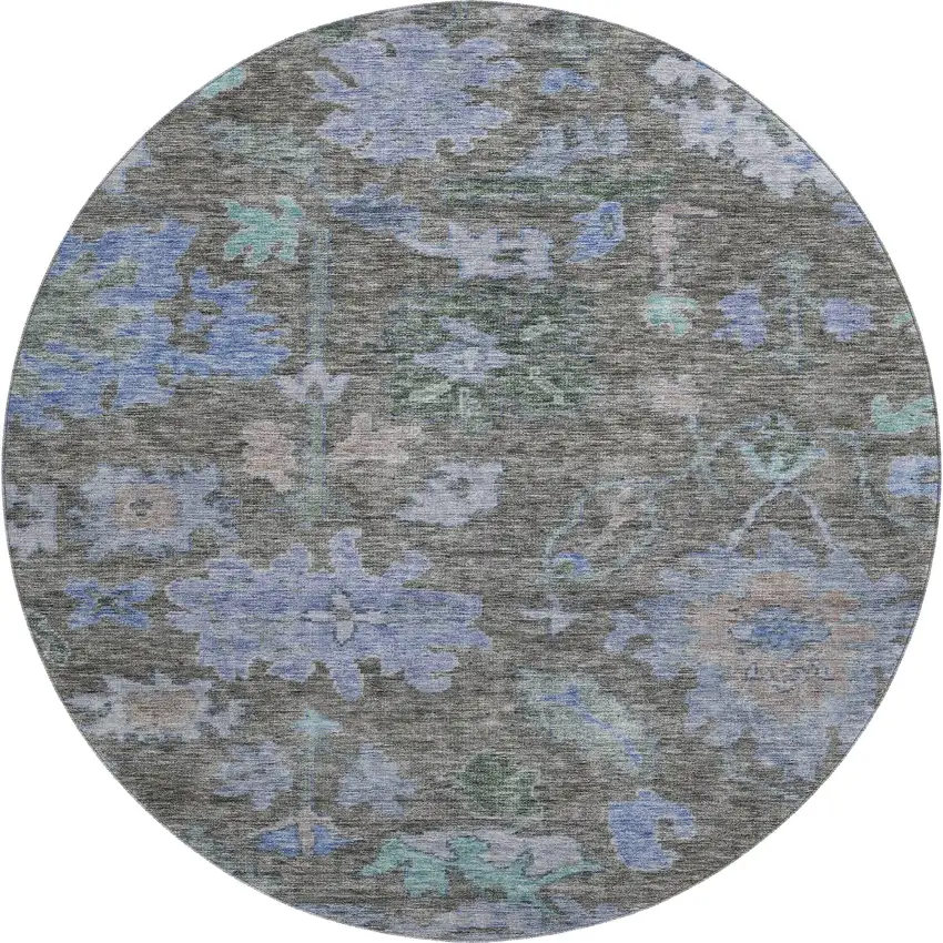 8' Taupe Blue And Brown Floral Washable Round Rug With UV Protection Photo 1