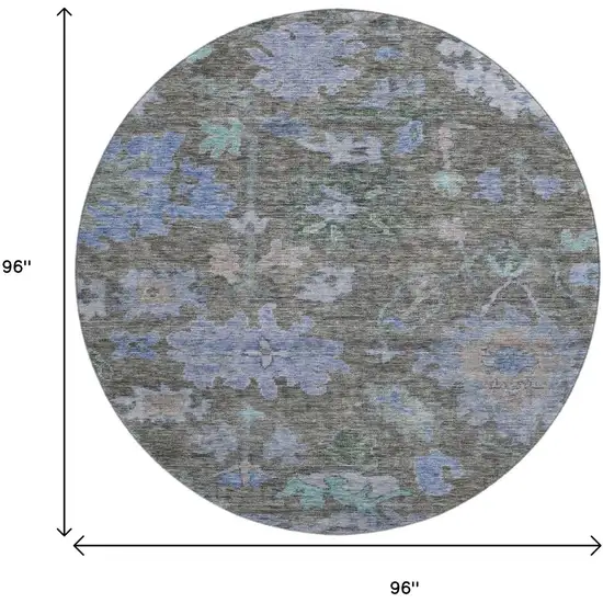 8' Taupe Blue And Brown Floral Washable Round Rug With UV Protection Photo 9