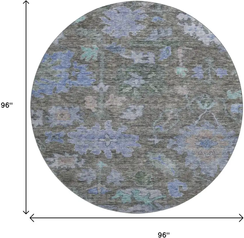 8' Taupe Blue And Brown Floral Washable Round Rug With UV Protection Photo 9