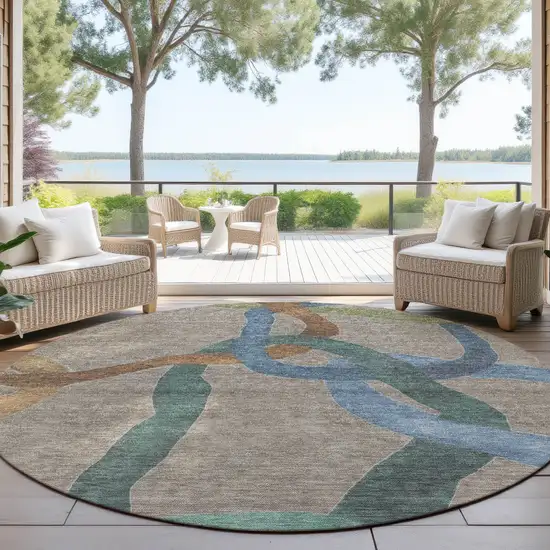 8' Taupe Blue And Copper Round Abstract Washable Indoor Outdoor Area Rug Photo 4