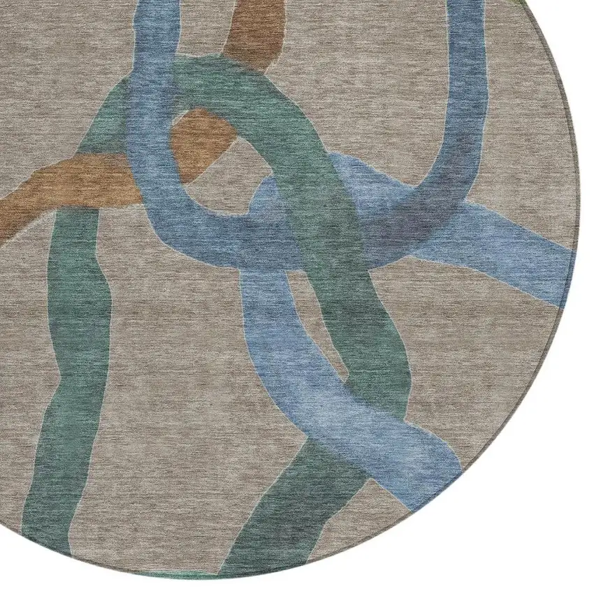 8' Taupe Blue And Copper Round Abstract Washable Indoor Outdoor Area Rug Photo 2