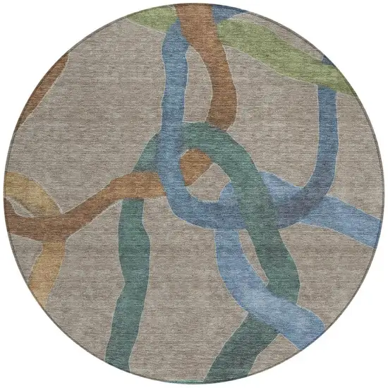 8' Taupe Blue And Copper Round Abstract Washable Indoor Outdoor Area Rug Photo 3