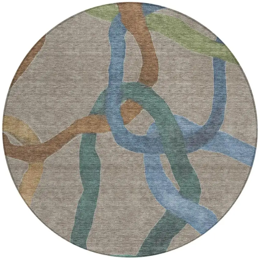 8' Taupe Blue And Copper Round Abstract Washable Indoor Outdoor Area Rug Photo 3