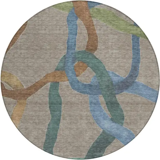 8' Taupe Blue And Copper Round Abstract Washable Indoor Outdoor Area Rug Photo 1