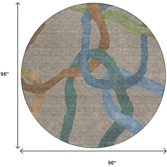8' Taupe Blue And Copper Round Abstract Washable Indoor Outdoor Area Rug Photo 7