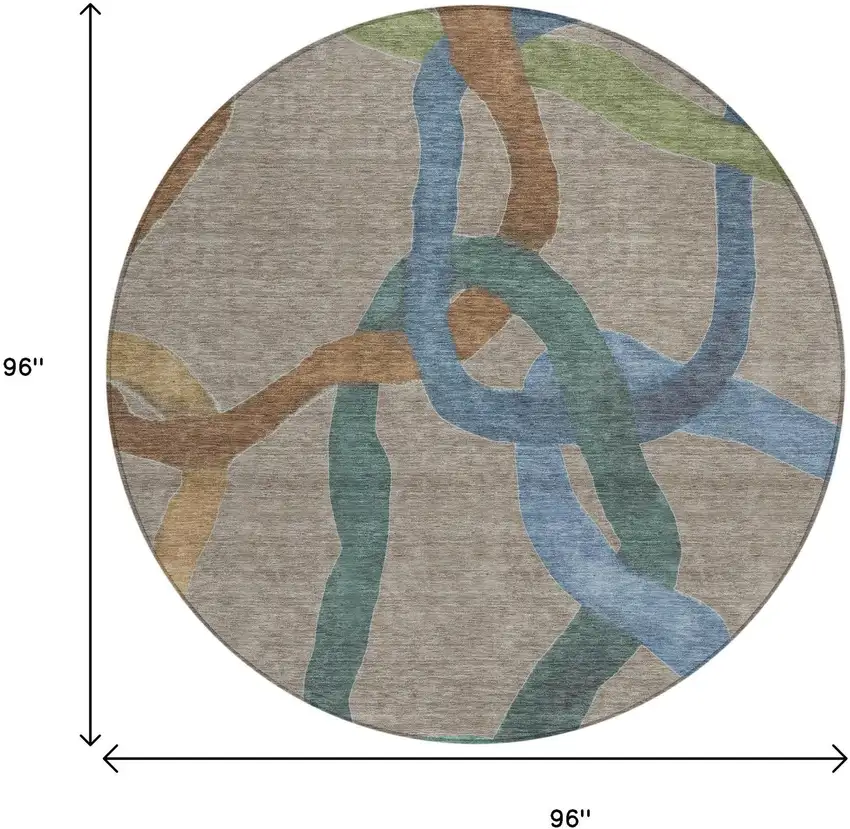 8' Taupe Blue And Copper Round Abstract Washable Indoor Outdoor Area Rug Photo 7