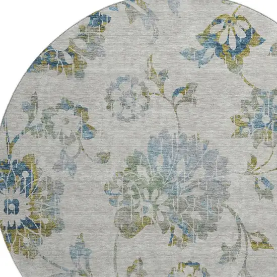 8' Taupe Blue And Gold Floral Washable Round Rug With UV Protection Photo 3