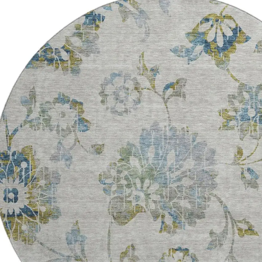 8' Taupe Blue And Gold Floral Washable Round Rug With UV Protection Photo 3