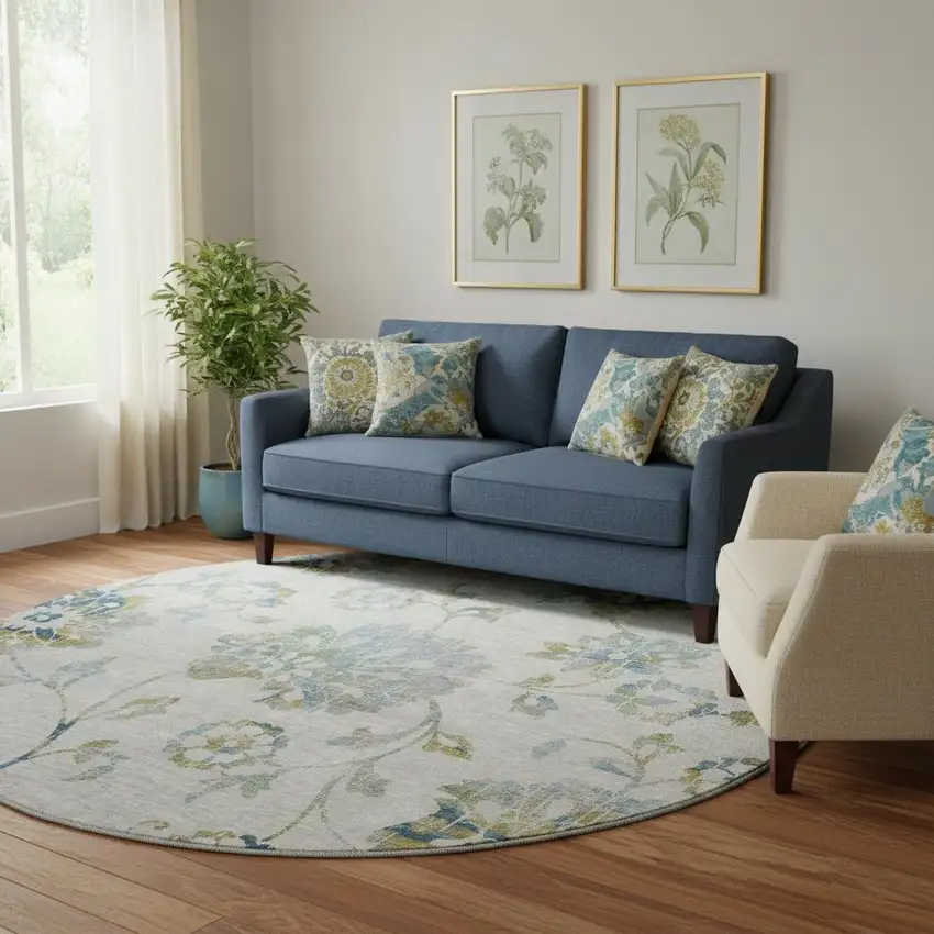 8' Taupe Blue And Gold Floral Washable Round Rug With UV Protection Photo 1