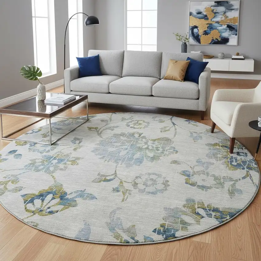 8' Taupe Blue And Gold Floral Washable Round Rug With UV Protection Photo 2