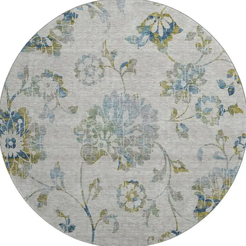8' Taupe Blue And Gold Floral Washable Round Rug With UV Protection Photo 4