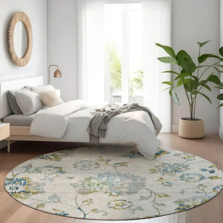 8' Taupe Blue And Gold Floral Washable Round Rug With UV Protection Photo 5
