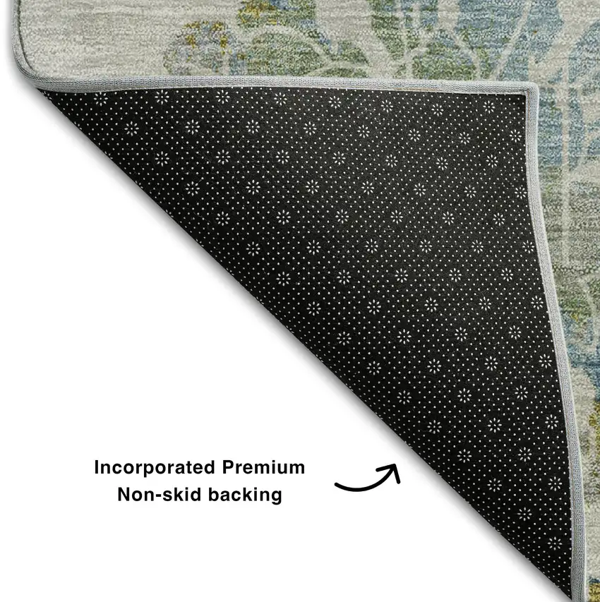 8' Taupe Blue And Gold Floral Washable Round Rug With UV Protection Photo 6