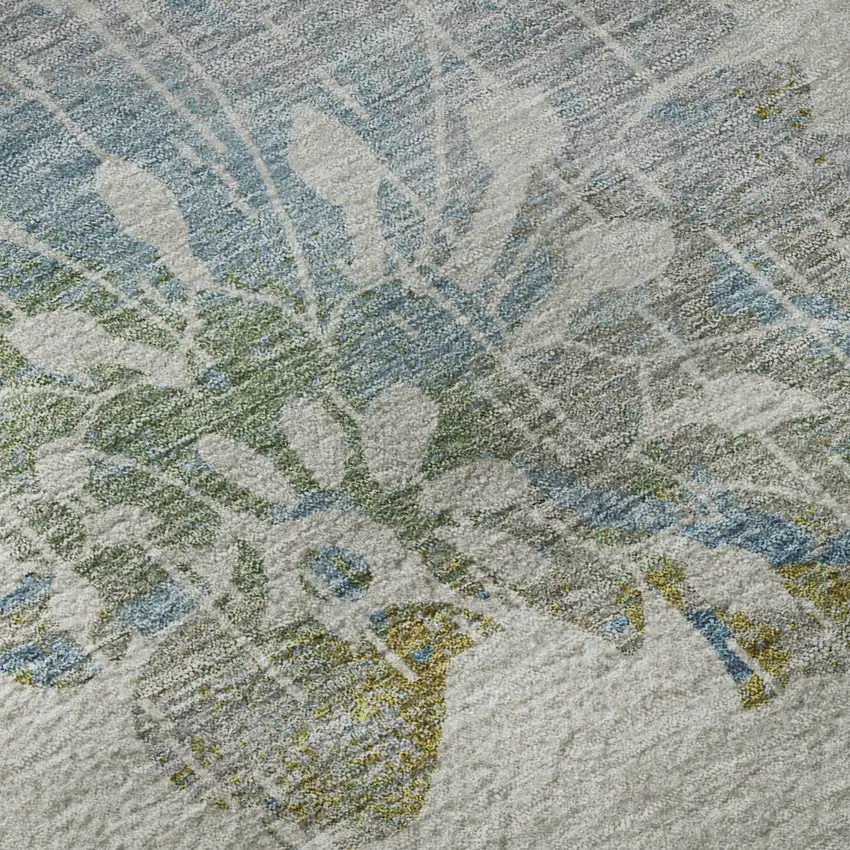 8' Taupe Blue And Gold Floral Washable Round Rug With UV Protection Photo 9