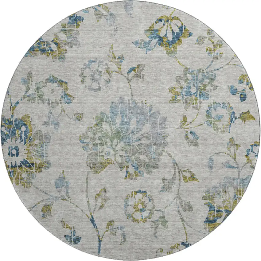 8' Taupe Blue And Gold Floral Washable Round Rug With UV Protection Photo 1