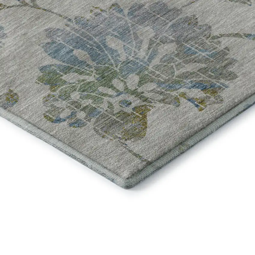 8' Taupe Blue And Gold Floral Washable Round Rug With UV Protection Photo 7