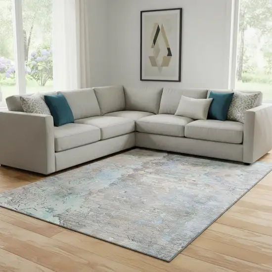 8' Taupe Blue And Gray Abstract Washable Area Rug With UV Protection Photo 2