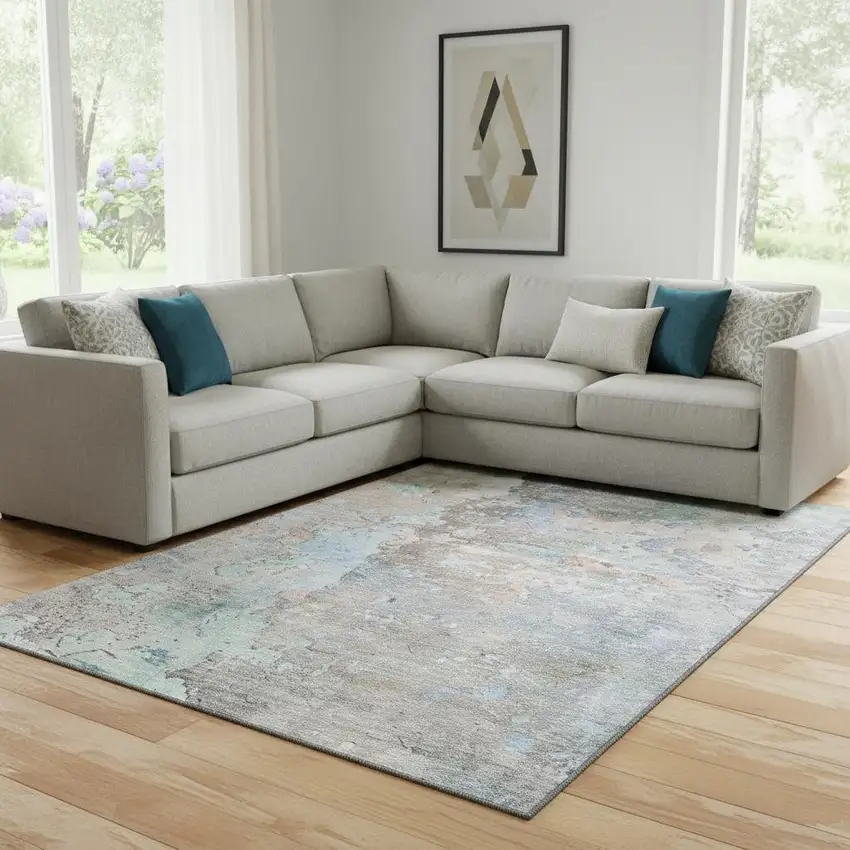 8' Taupe Blue And Gray Abstract Washable Area Rug With UV Protection Photo 2