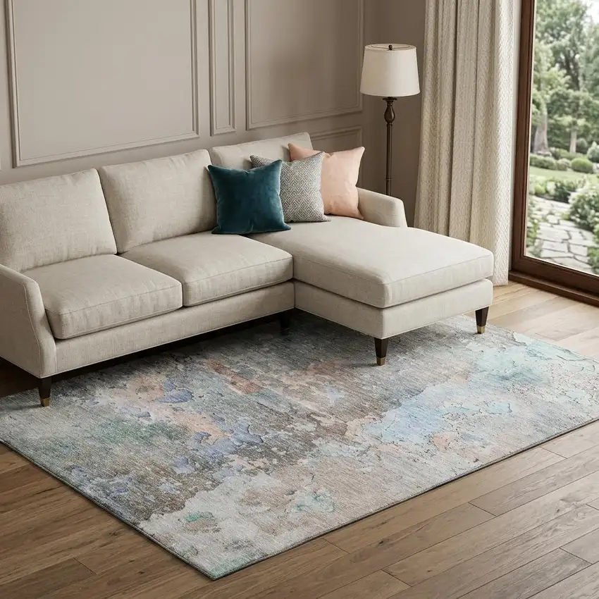 8' Taupe Blue And Gray Abstract Washable Area Rug With UV Protection Photo 1