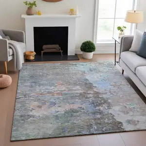 Photo of 8' Taupe Blue And Gray Abstract Washable Area Rug With UV Protection