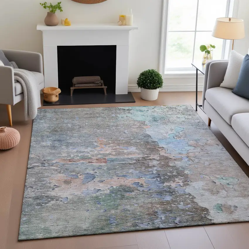 8' Taupe Blue And Gray Abstract Washable Area Rug With UV Protection Photo 4