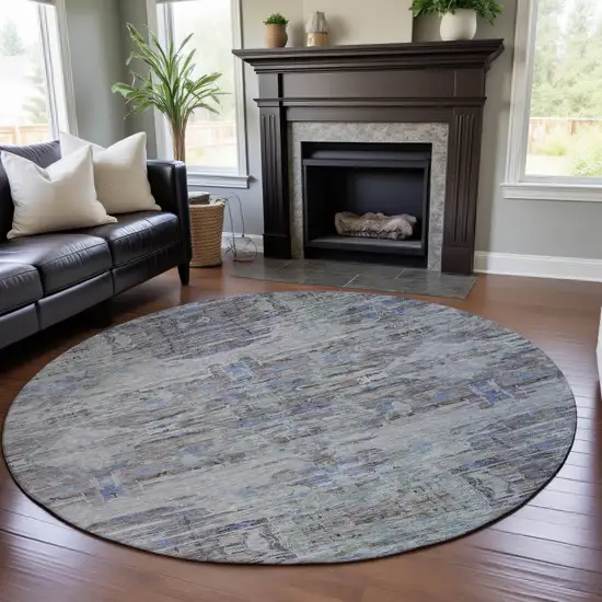 8' Taupe Blue And Gray Abstract Washable Round Rug With UV Protection Photo 4