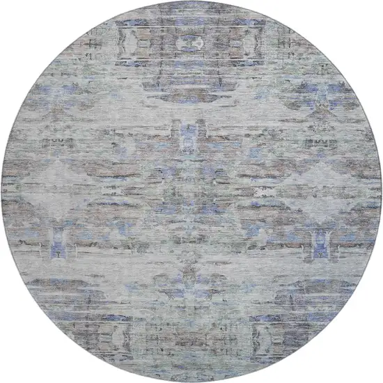8' Taupe Blue And Gray Abstract Washable Round Rug With UV Protection Photo 1