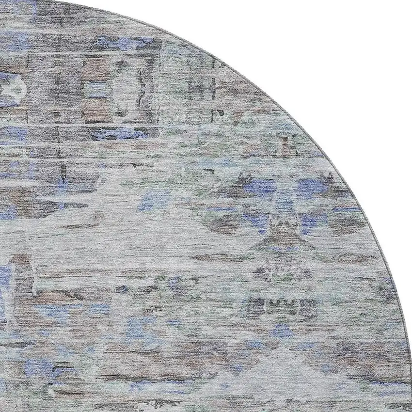 8' Taupe Blue And Gray Abstract Washable Round Rug With UV Protection Photo 2