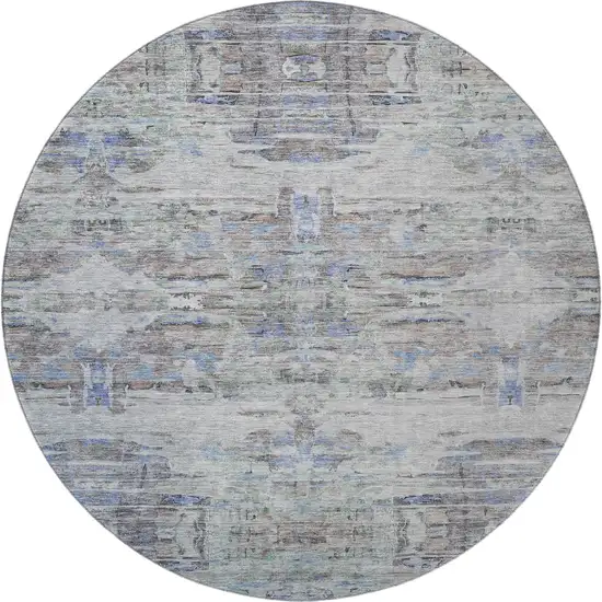 8' Taupe Blue And Gray Abstract Washable Round Rug With UV Protection Photo 3