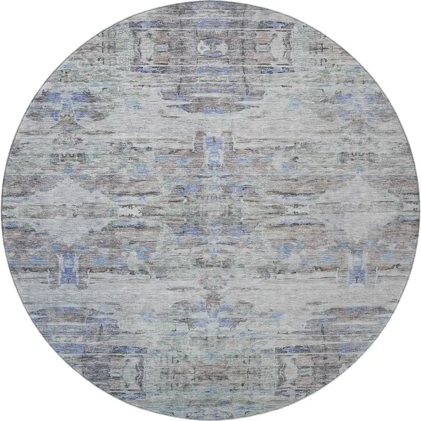 8' Taupe Blue And Gray Abstract Washable Round Rug With UV Protection Photo 3