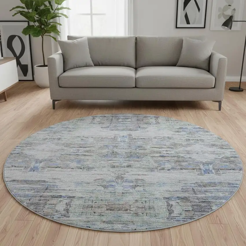 8' Taupe Blue And Gray Abstract Washable Round Rug With UV Protection Photo 2