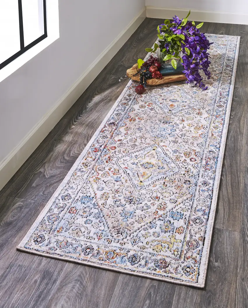 8' Taupe Blue And Gray Floral Stain Resistant Runner Rug Photo 7