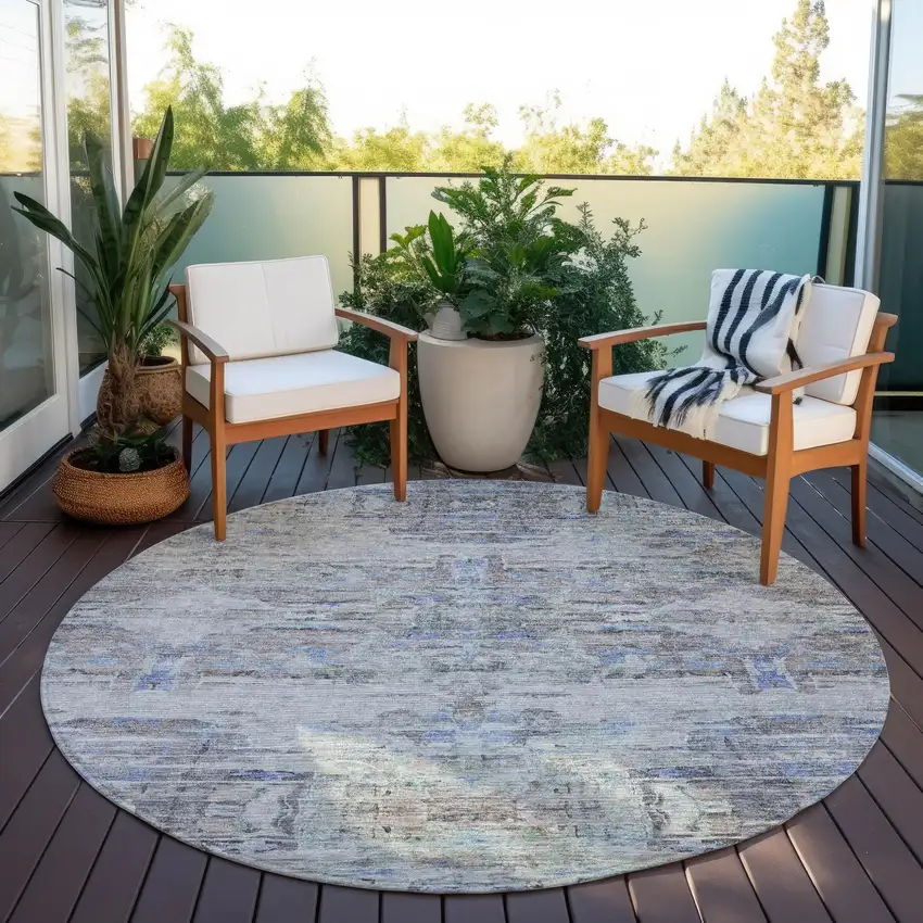 8' Taupe Blue And Green Round Abstract Washable Indoor Outdoor Area Rug Photo 8