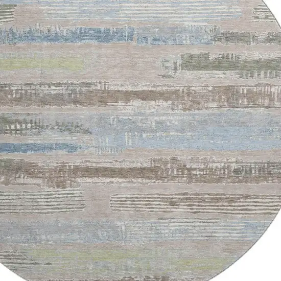 8' Taupe Blue And Green Striped Washable Round Rug With UV Protection Photo 2