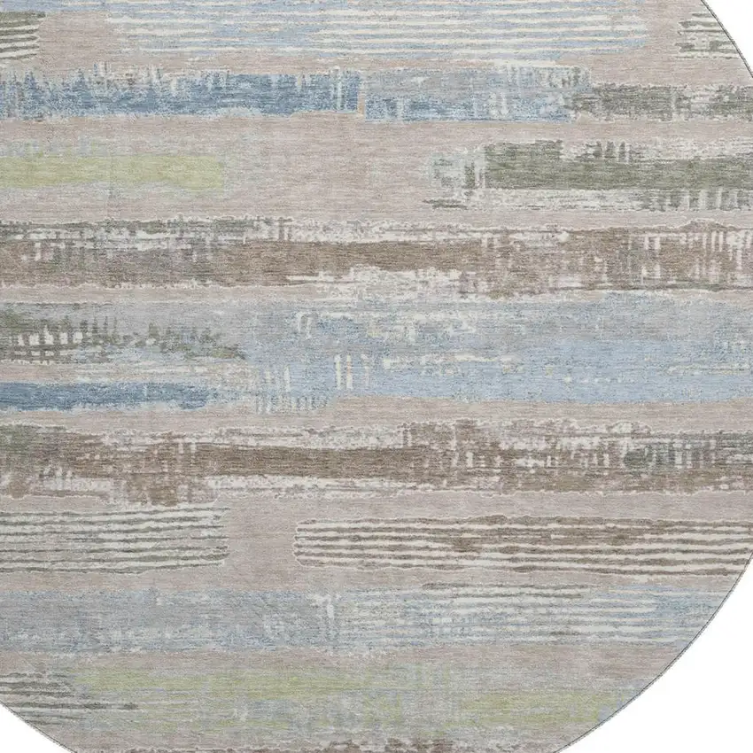 8' Taupe Blue And Green Striped Washable Round Rug With UV Protection Photo 2