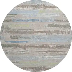 Photo of 8' Taupe Blue And Green Striped Washable Round Rug With UV Protection