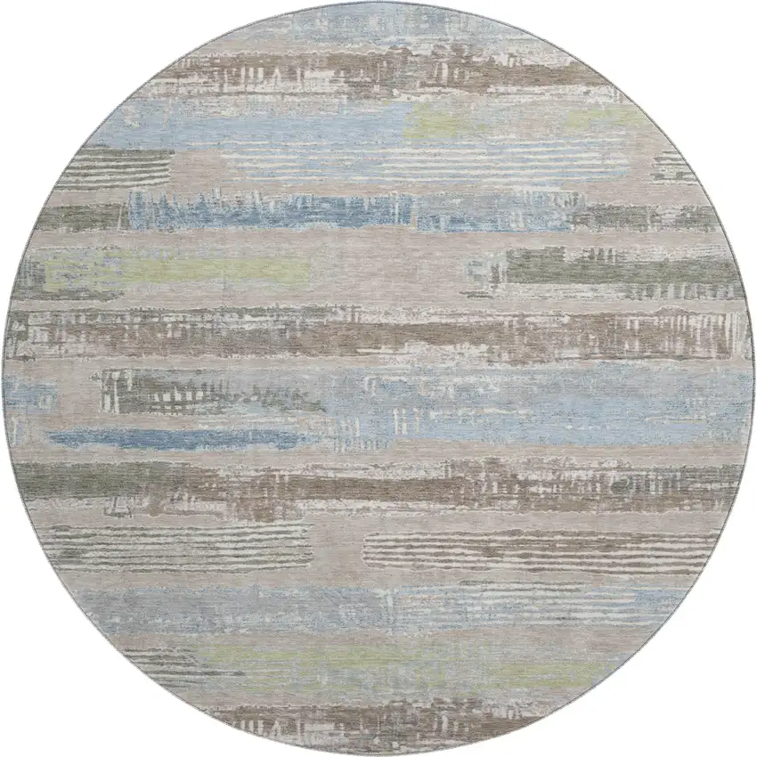 8' Taupe Blue And Green Striped Washable Round Rug With UV Protection Photo 1