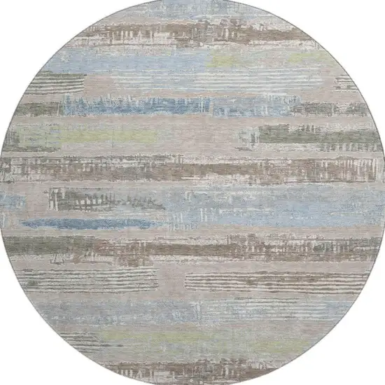 8' Taupe Blue And Green Striped Washable Round Rug With UV Protection Photo 3
