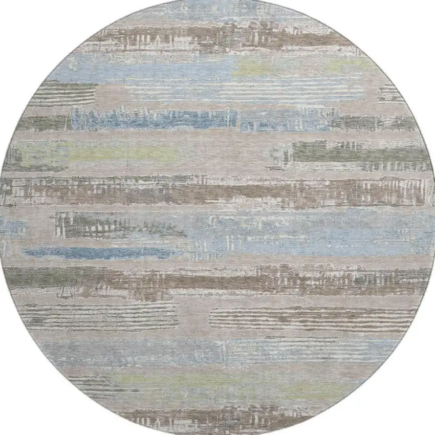 8' Taupe Blue And Green Striped Washable Round Rug With UV Protection Photo 3